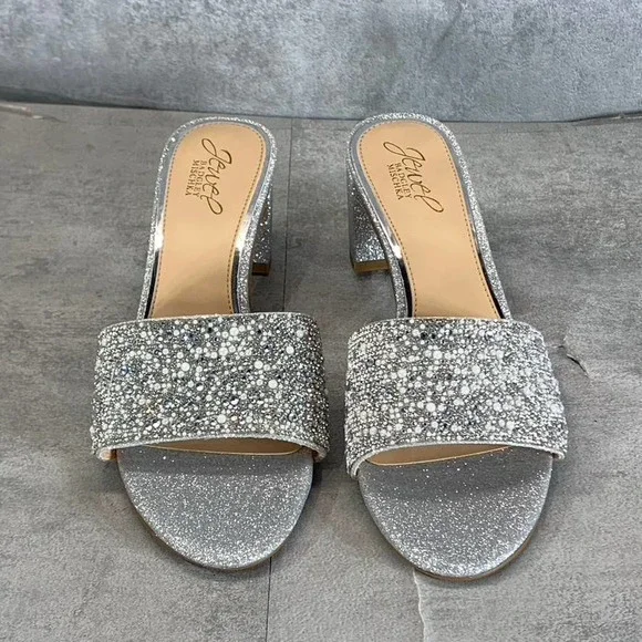 Jewel Badgley Mischka Women's Silver Glitter Della Rhinestone Slide Sandal SZ7.5 - Picture 3 of 9